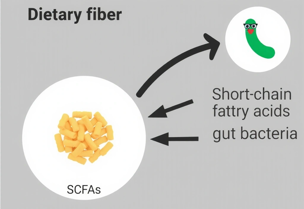Illustrazione di una molecola di fibra alimentare che viene scomposta da batteri intestinali, con frecce che indicano la produzione di acidi grassi a catena corta.