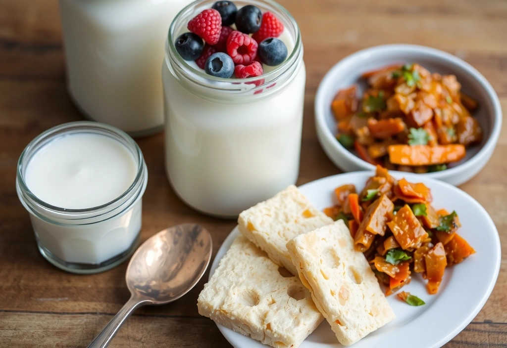 Immagine ravvicinata di diversi alimenti fermentati come kefir, yogurt, crauti e kimchi, evidenziando la loro ricchezza probiotica.