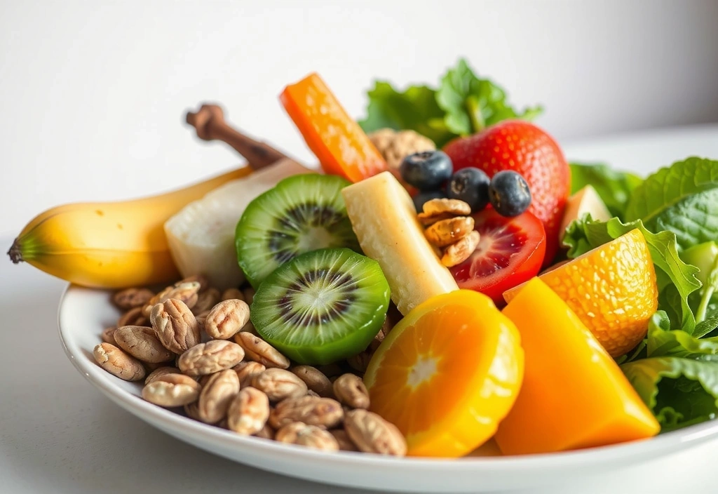 Piatto colorato e sano ricco di frutta, verdura, noci e cereali integrali, che simboleggia una dieta equilibrata per la salute intestinale.