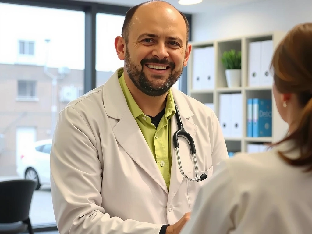 Dietologo che consiglia alimenti sani a un paziente in un ambiente clinico moderno.