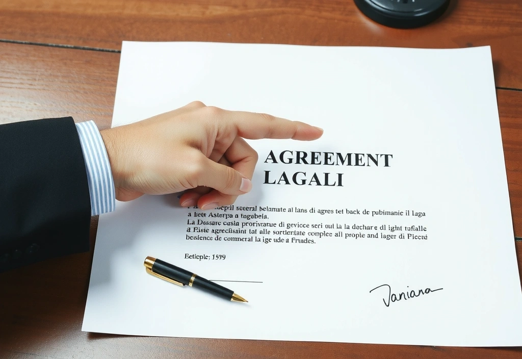 Mano che indica un documento legale, simbolo di trasparenza e accordo.